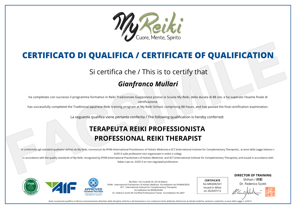 Certificato qualifica terapeuta reiki professionista